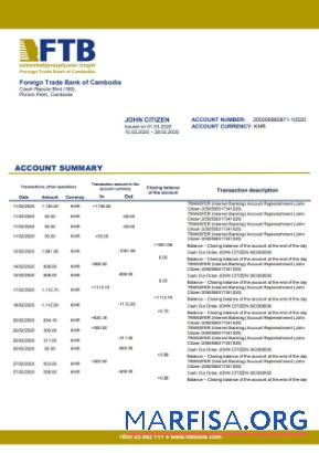 Printable Cambodia Foreign Trade Bank of Cambodia bank statement word download for verification